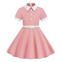 Robe de princesse vintage pour filles, robe de fête à col rabattu et manches courtes avec ceinture, style rétro années 50, robe trapèze rockabilly 1