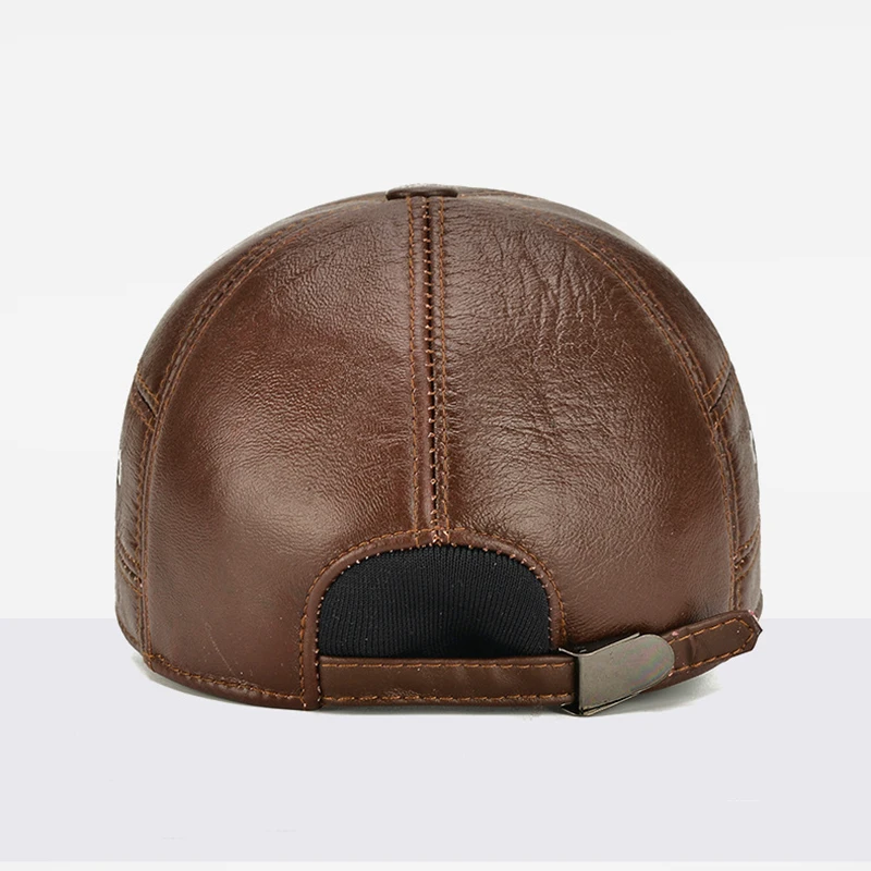 2025 New Style Men Cowhide Hat Winter Warm Outdoor Protect Ear Real Leather Adjustable Baseball Cap Men Real Cowhide Leather Cap 5