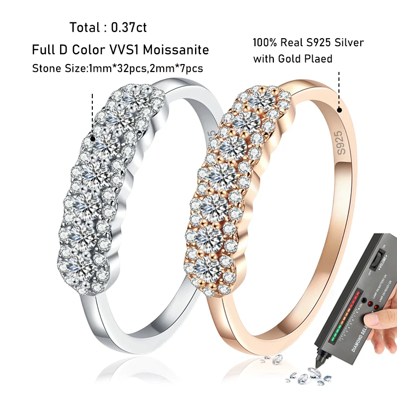 Tezzc Champagne color Full Moissanite Rings Lab Diamond for Women Wedding 925 Sterling Silver Engagement Promise Band Jewelry