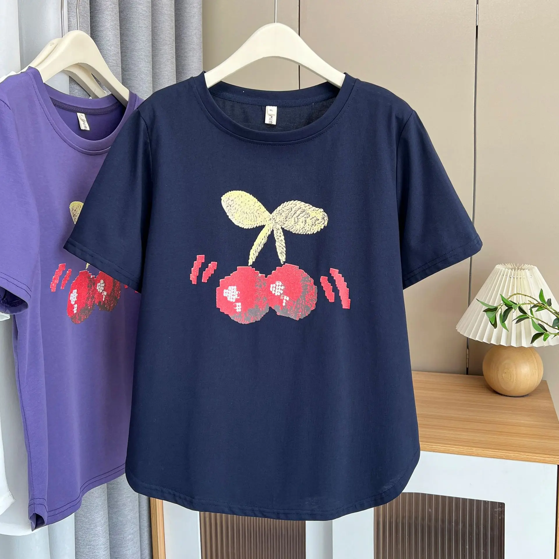 Summer 2025 Plus Size Top New 100kg Temperament Casual Printed Cherry Short Sleeve Tees Women's T-shirt 854