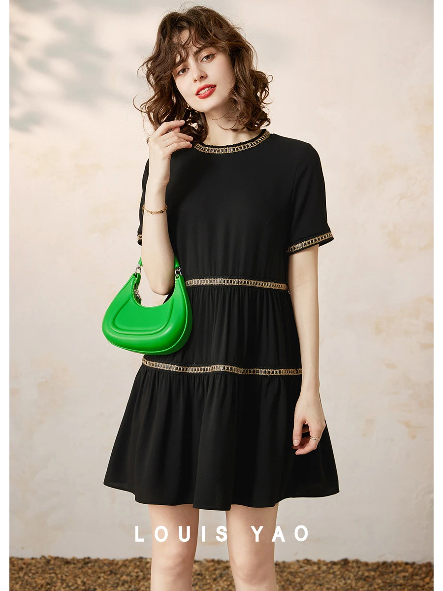 louis-yao-women-dress-2024-summer-casual-elegant-round-neck-short-sleeve-webbing-loose-fit-a-line-black-short-dress