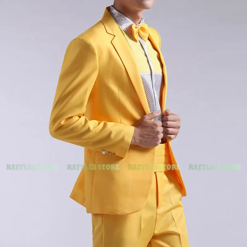 

Mens Suit New Long-sleeved Men's Suits Pants Hosted Theatrical Tuxedos Wedding Prom Male Red Yellow Blue Formal Regular Clothes