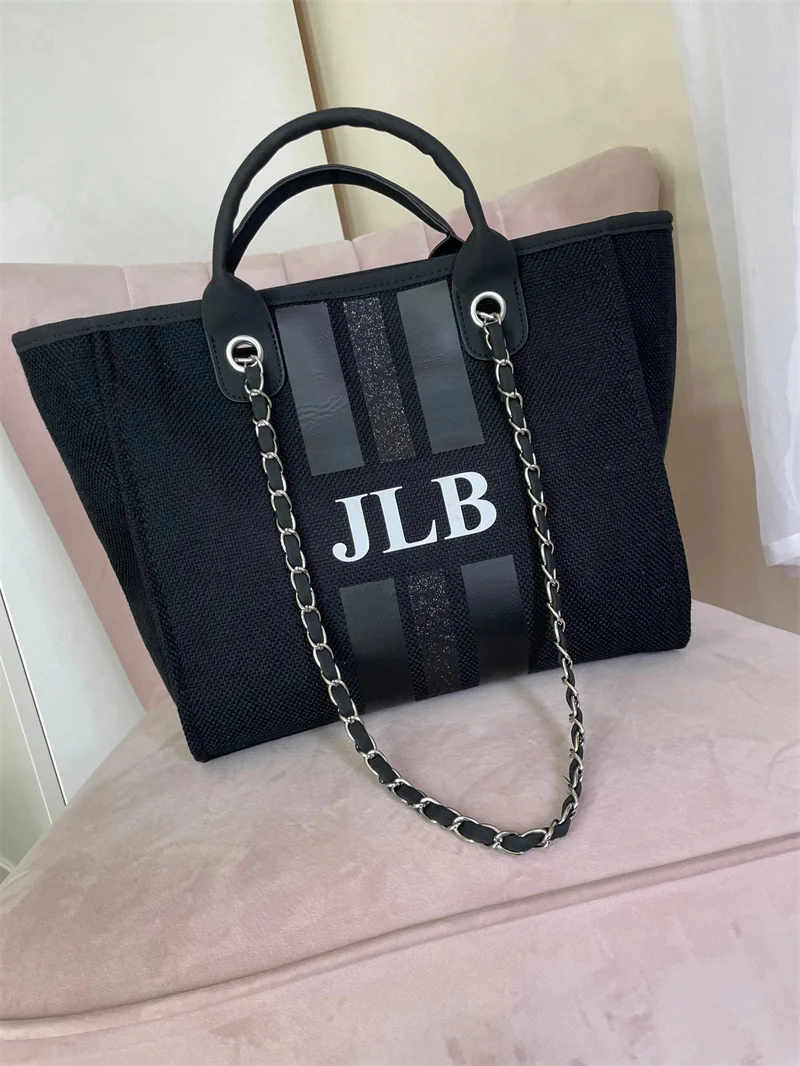 Monogram Tote Bag Canvas Customised Black Chain Handbag Personalised White Initials Holiday Chain Handbag personalised monogram tote bag canvas customised beige brown white chain handbag personalized stripe initials