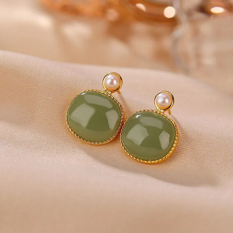 

Pure S925 Sterling Silver Green Jade Jasper Women Lucky Oval Earrings Stud