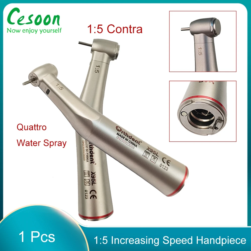 

1Pcs Dental 1:5 LED Increasing Speed Handpiece Push Button Contra Angle X95L Quattro Water Spray Red Rings Dentist Equipment