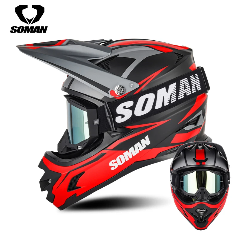 Soman Matte Black Motocross Motorcycle Helmet With Motocross Goggles