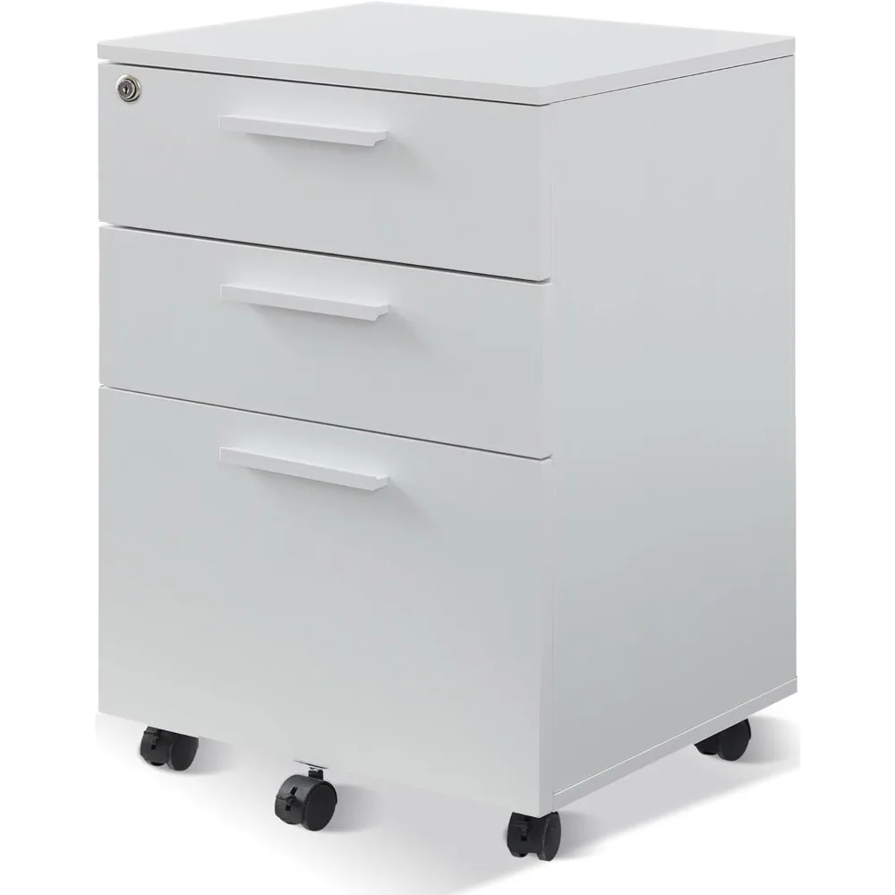 

3 Drawer Mobile File Cabinet with Lock, Under Desk Wood Filing Cabinet for Legal/Letter/A4 File, White
