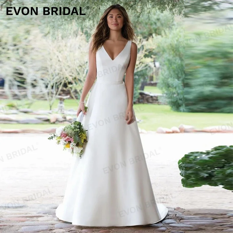 

Женское атласное свадебное платье EVON, элегантное ТРАПЕЦИЕВИДНОЕ ПЛАТЬЕ С V-образным вырезом, открытой спиной и кружевной аппликацией на пуговицах, платье невесты