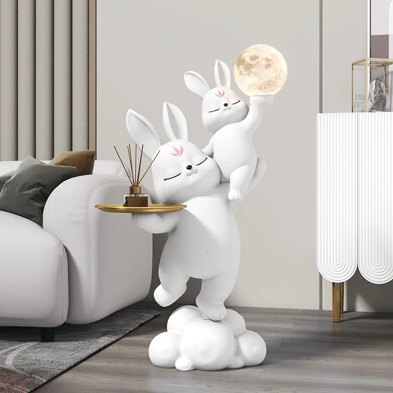 

Home Decor Sculptures Living Room Decorations New Chinese Creative Jade Rabbit Lamp Floor Resin Cute Animal Ornaments Statues
