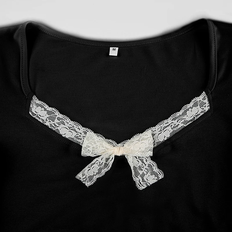Japanese Kawaii Contrast Lace Tie Bow Square Collar Slim Short Sleeve Black T Shirt Women Pink Sweet Balletcore Cute Tees