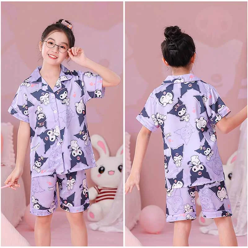 

Sanrios Anime Kuromi Cinnamoroll My Melody Cartoon Cute Children Summer Ice Silk Short Sleeved Shorts Pajamas Girl Home Clothing