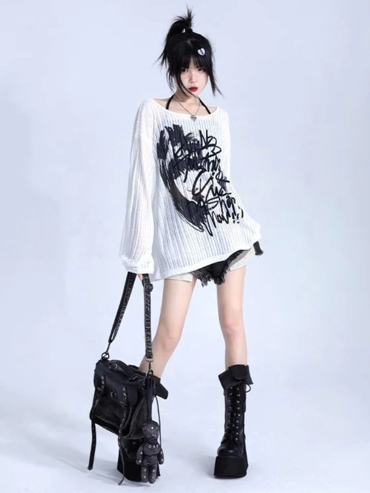 2025 Punk Streetwear Letter Printing Loose Tops Y2k