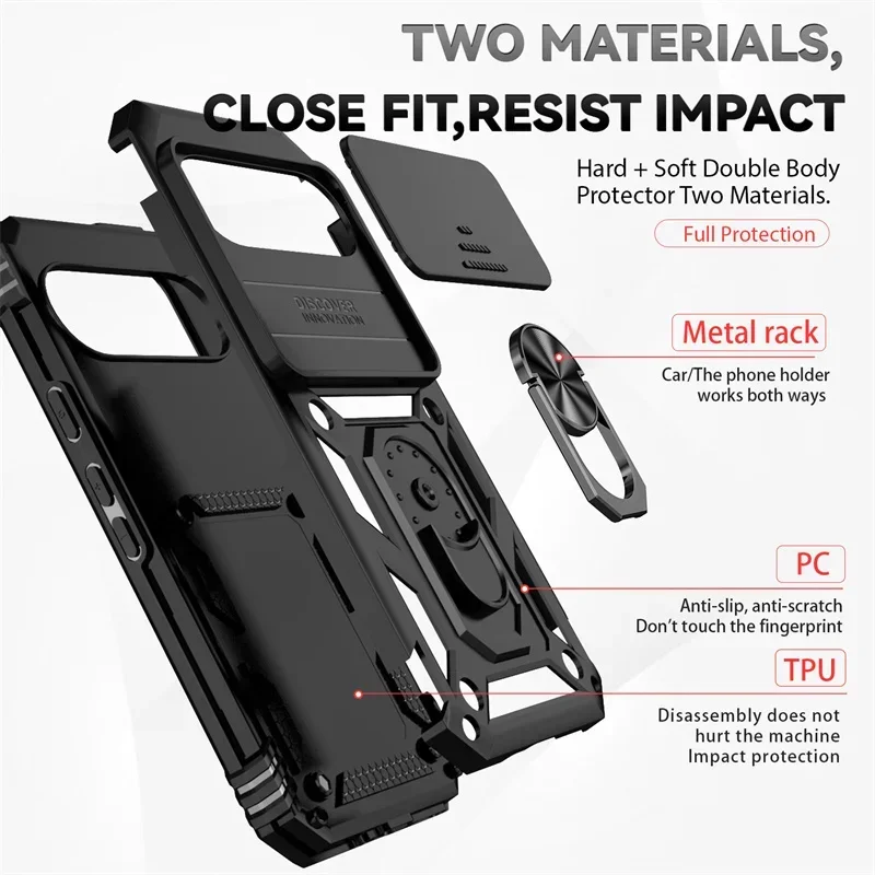Heavy Duty Armor Slide Window Lens Protect Phone Case with Magnetic Holder Ring and Enhanced Protection