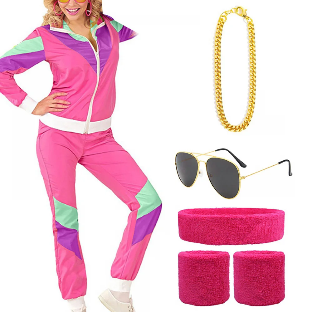 thumbnail image 1 of Chándal de los años 80 para hombre y mujer, cortavientos retro de hip hop, disfraz de los años 80 para hombre, conjunto de chándal de discoteca, traje de capa de los años 90, 1 of 4