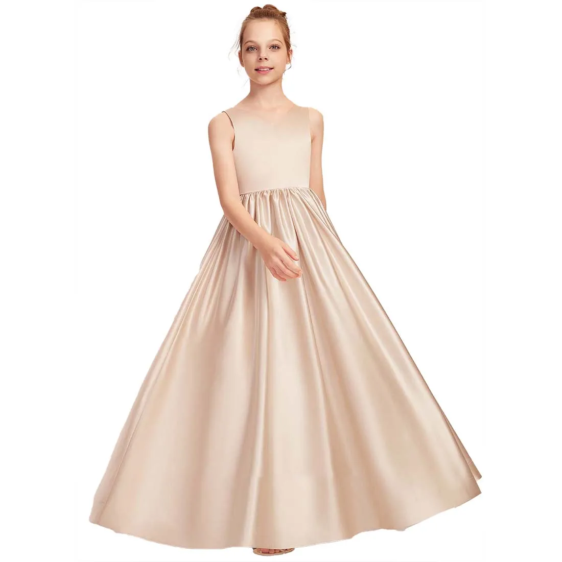 YZYmanualroom A-line V-Neck Satin Junior Bridesmaid Dress With Bow Flower Girl Dress Wedding Party 4-15T( 4 Colors)