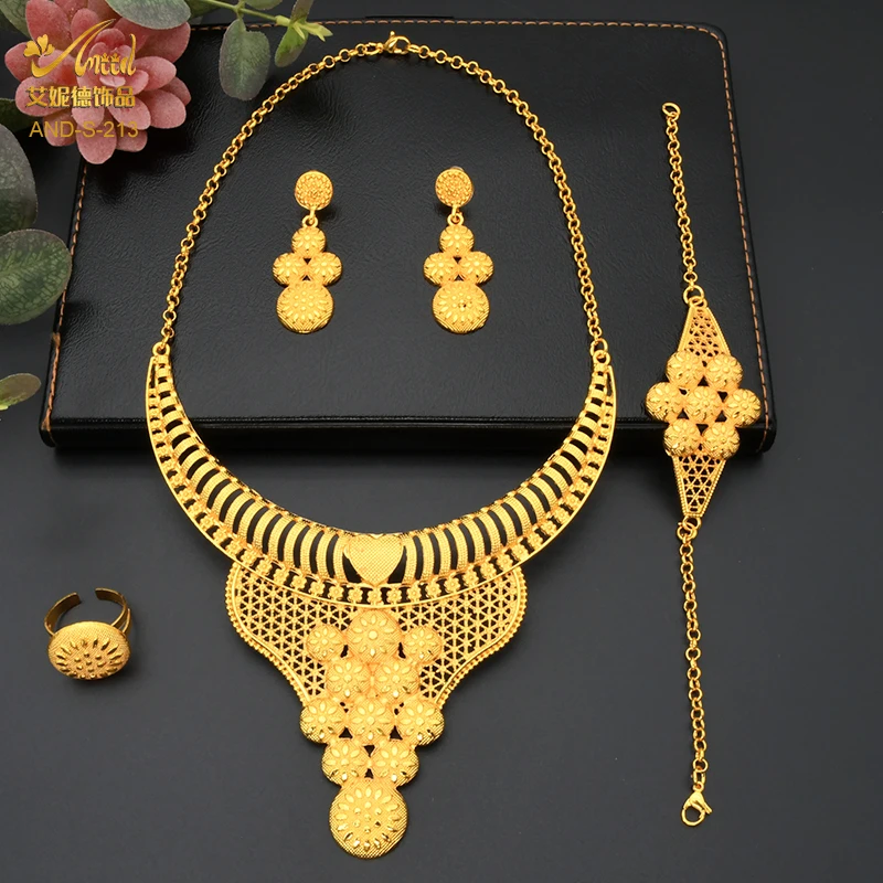 ANIID Ethiopia Dubai Luxury 24K Gold Plated Jewelry Set Choker Necklace Earring Ring For Women Wedding Indian African Jewellery
