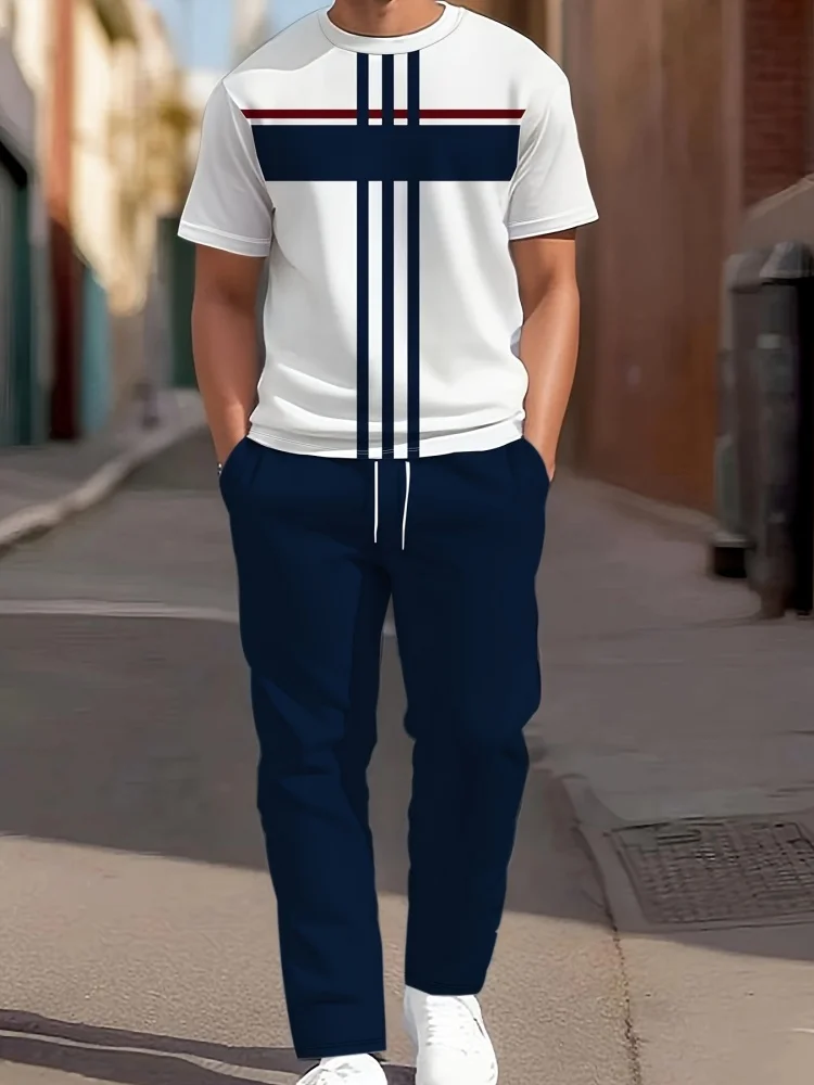 Conjunto De Dos Piezas Para Hombre, Camisa De Manga Corta Y Pantalones Largos Con Estampado A Rayas, Estilo Casual, Deportivo Y Urbano Para Verano_viptrois.com