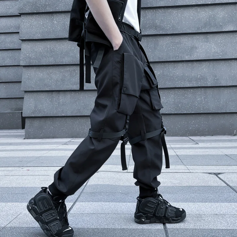 Hip Hop Tactical Cargo Pants Men Multi Pocket Ribbon Design Joggers Trousers 2023 Spring Functional Elastic Waist Pant