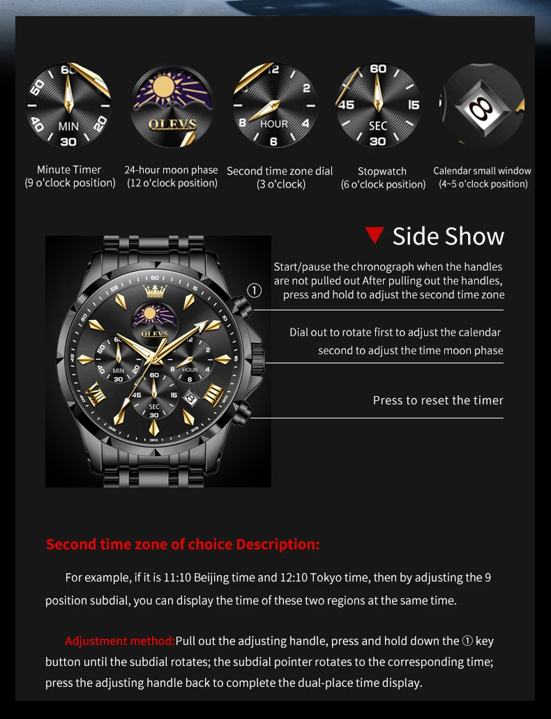 OLEVS 3653 Moon Phase Men Watch Luxury Brand Quartz Watch Fashion Original Waterproof Luminous 24-hour Automatic Date Men Watch