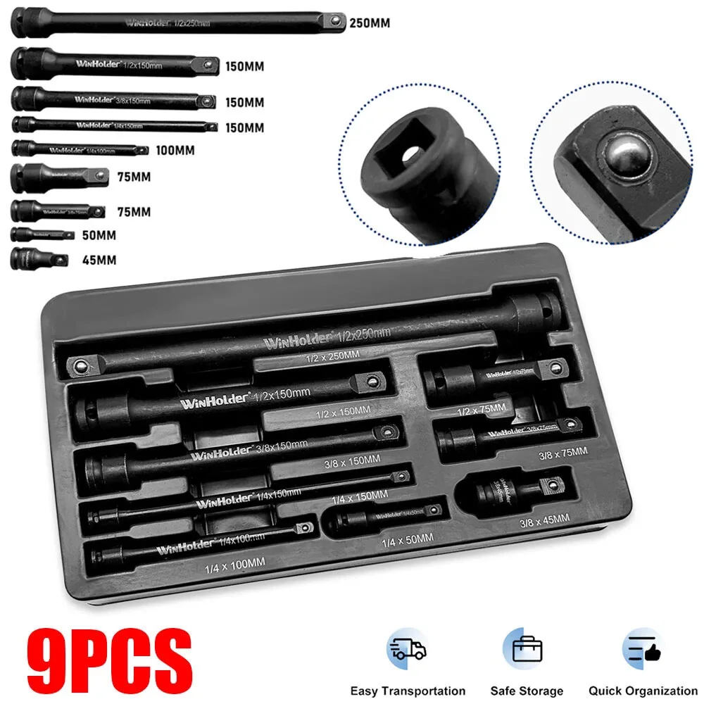 Winholder 9PCS Impact Extension Bar Set 1/2" 3/8" 1/4" Drive Long Reach Extension Bar Set Workshop Tool
