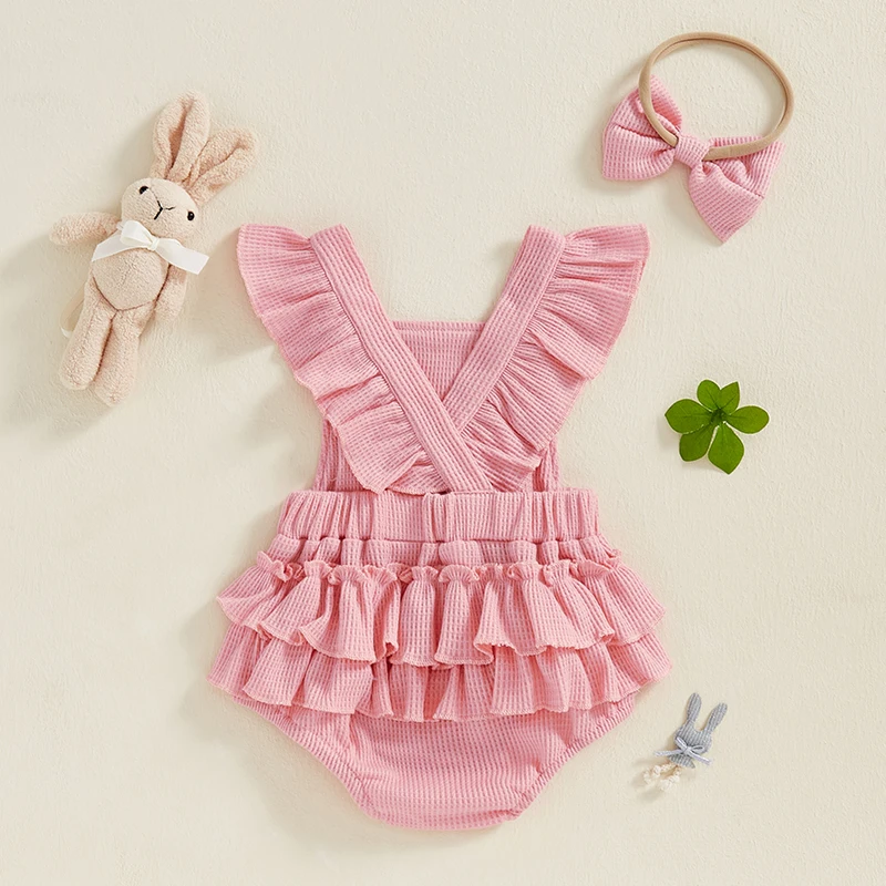Newborn Baby Girl Easter Outfit Carrot Embroidery Romper Waffle Ruffle Bodysuit Headband Summer Outfit 0-18M 3