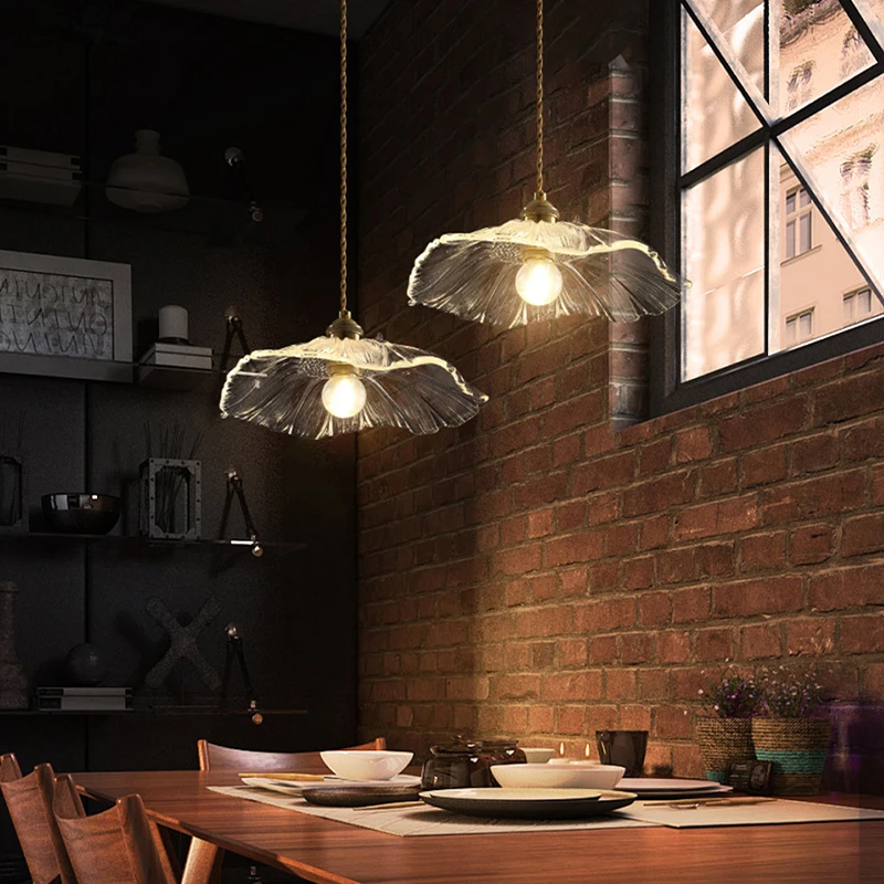 

Glass Lotus Leaf Ceiling Chandeliers LED Light Copper Hanging Lamps Home Decor Bedroom Nightlight Plafonnier for Dining Room