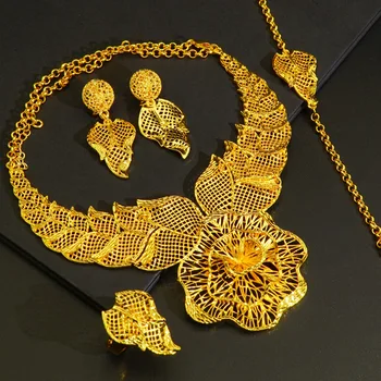Women's 24K Gold Flower Grass Hollow Jewelry Set (4pcs), AU999 Floral filigree design with "Lush" engraving and hidden vine motif