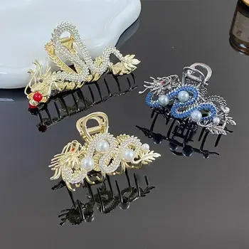 مشابك شعر على شكل تنين صيني مع لؤلؤ للنساء ، مخلب شعر بسيط ، سبيكة معدنية ، دبوس شعر بحجر الراين ، مشبك قرش ، موضة جديدة 5