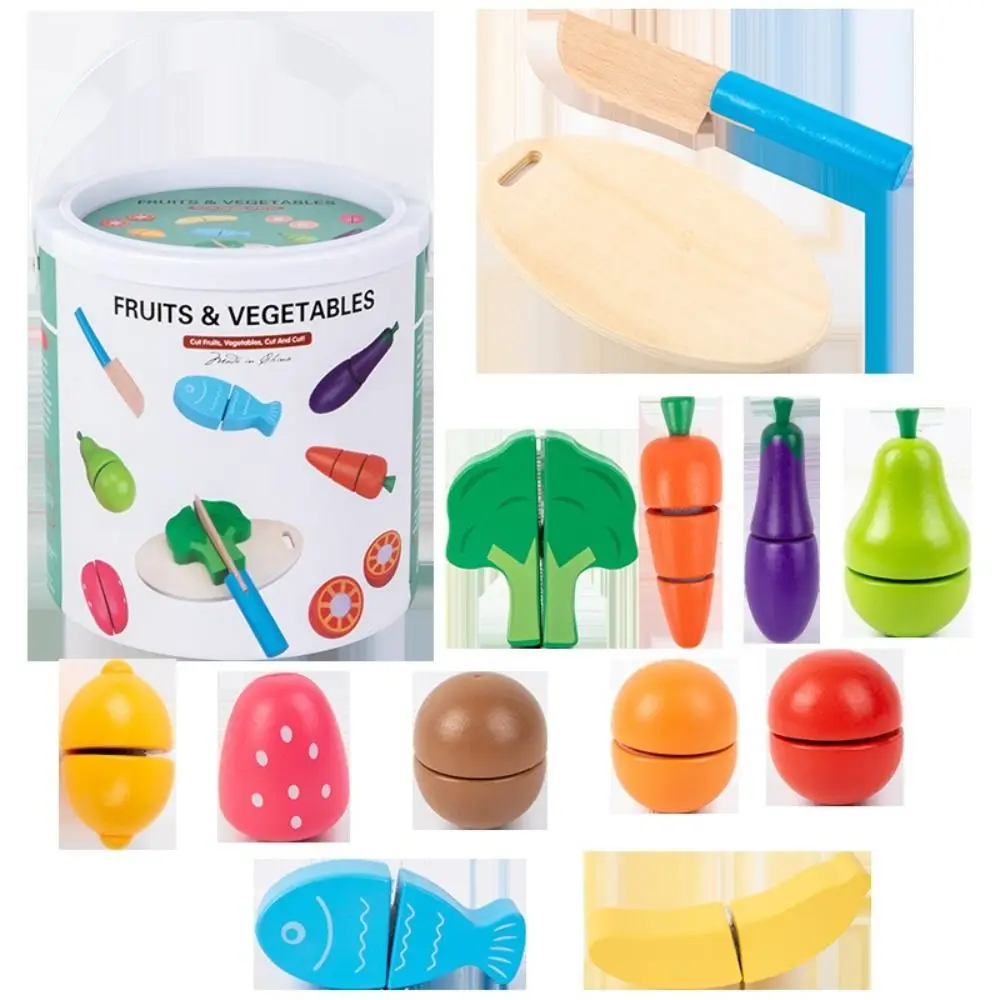 Wooden Fruit Cutting Toy Educational Features Simulation Simulation Kitchen Toy Magic Sticker Bucket Style