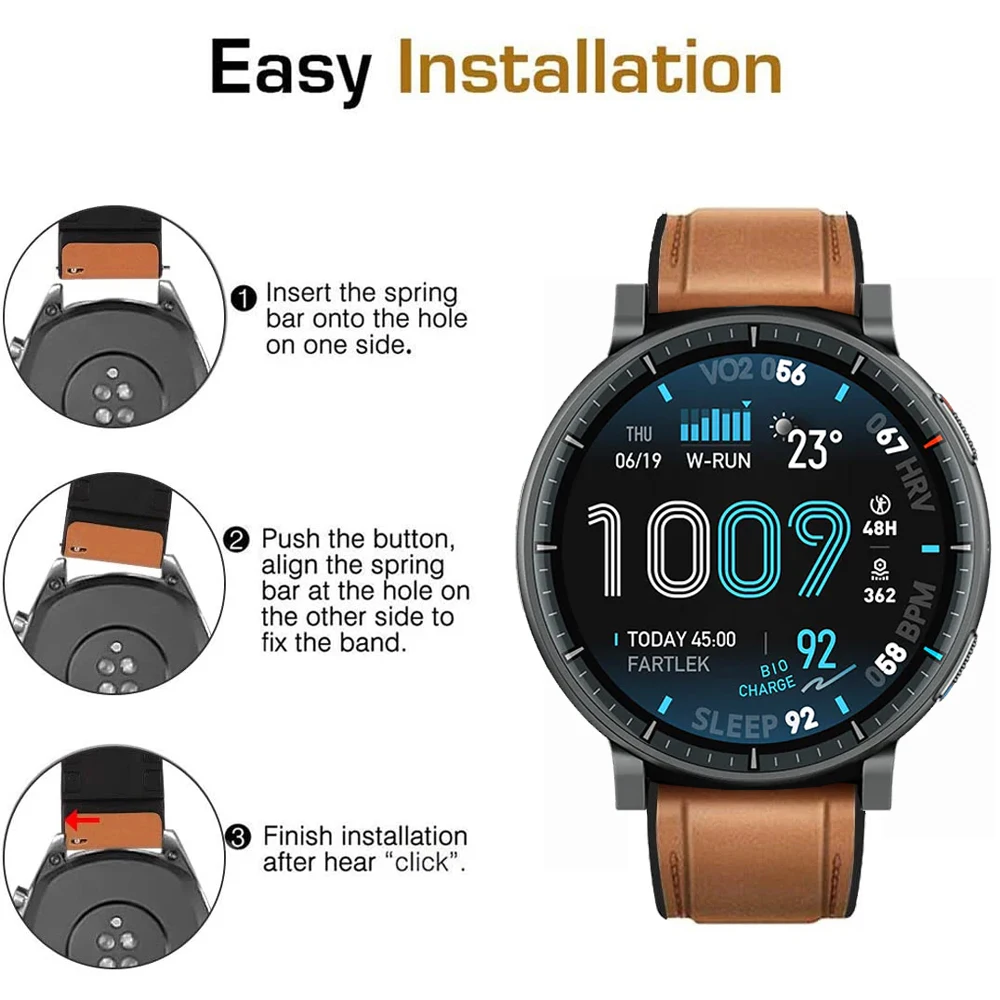 22mm Leather Silicone Hybrid Watch Strap Replacement Band, 46mm Bracelet Correa