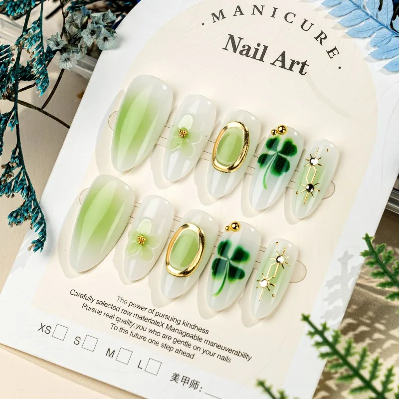 24개입 귀여운 그린 클로버 그라데이션 패턴 프레스온 네일 풀커버 3D 꽃 골든 스타 아몬드 모양 여성용 패션 네일