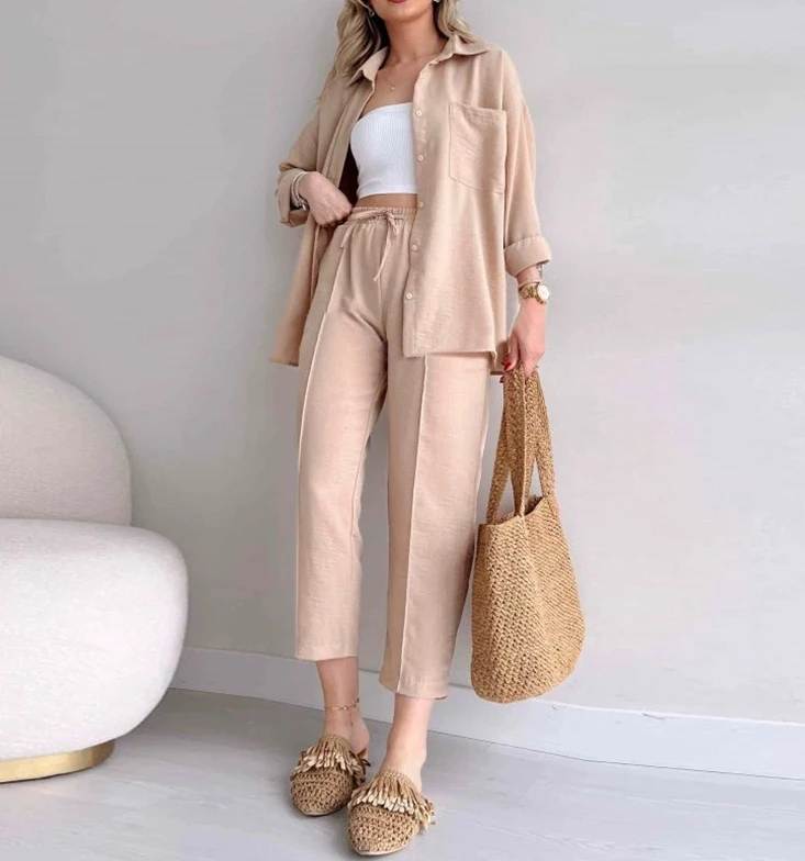 Pocket Design Long Sleeve Loose Shirt Jacket and Cropped Pants Sports Pants Set 2023 Autumn Fashion Casual 2 Piece Set for Women