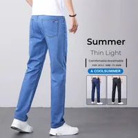 2024 Summer Thin Men's Casual Jeans Classic Style Stretch Straight Fashionable Versatile Light Business Denim Long Pants Male