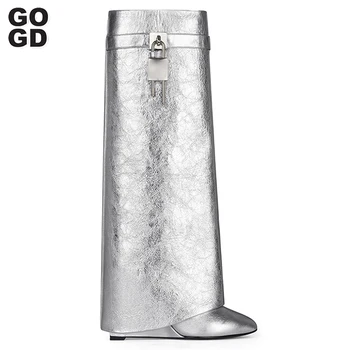 GOGD 브랜드 럭셔리 여성용 롱 부츠, 상어 자물쇠 장식 플랫폼 무릎 부츠, 금속 하이힐 웨지 신발 디자이너, 2023 신상