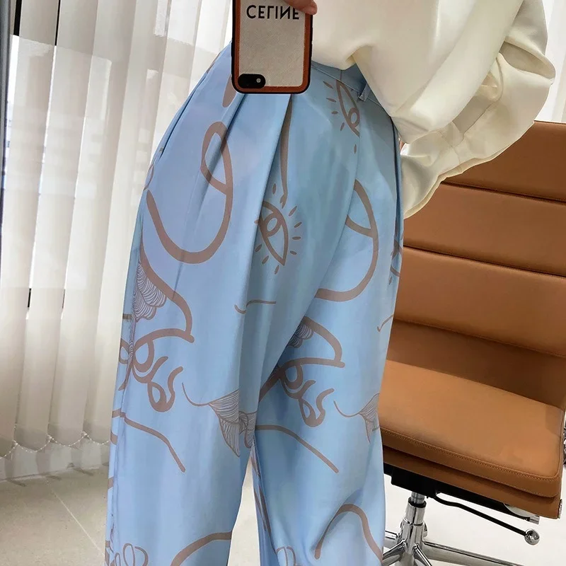 Women Summer Loose Wide-leg Pants Graffiti Printed Ice Silk Trousers Blue High Waist Drape Satin Mopping Pants Women 2024 Summer