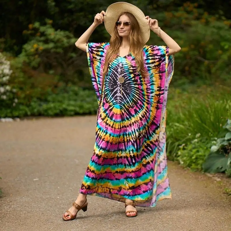 11 Colors New Boho Print Bikini Cover-ups Sexy Batwing Sleeve Maxi Dress Women Moroccan Kaftan Robe Beach Wear Rode Plage Sarong