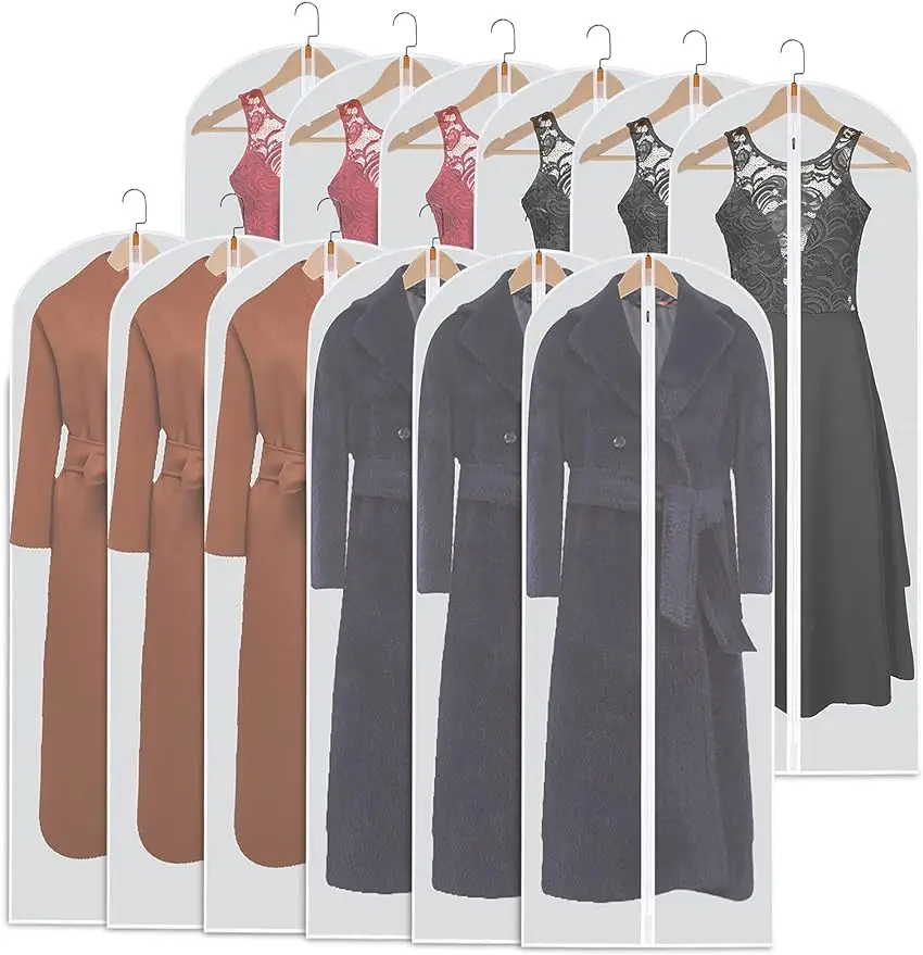 

Hanging Garment Bags Suit Bags (Set of 12) Dust Cover Breathable Dress Bag for Closet Clothes Storage or Travel- Clear