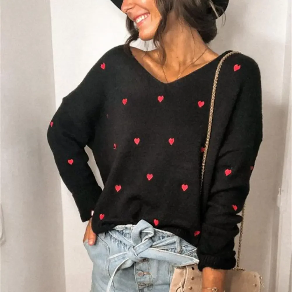 

Holifeni Knitted Sweater Skin-Touch Sweater Top Soft Cold Resistant Fashion Autumn Winter Heart Printing Blouse Sweater Jumper