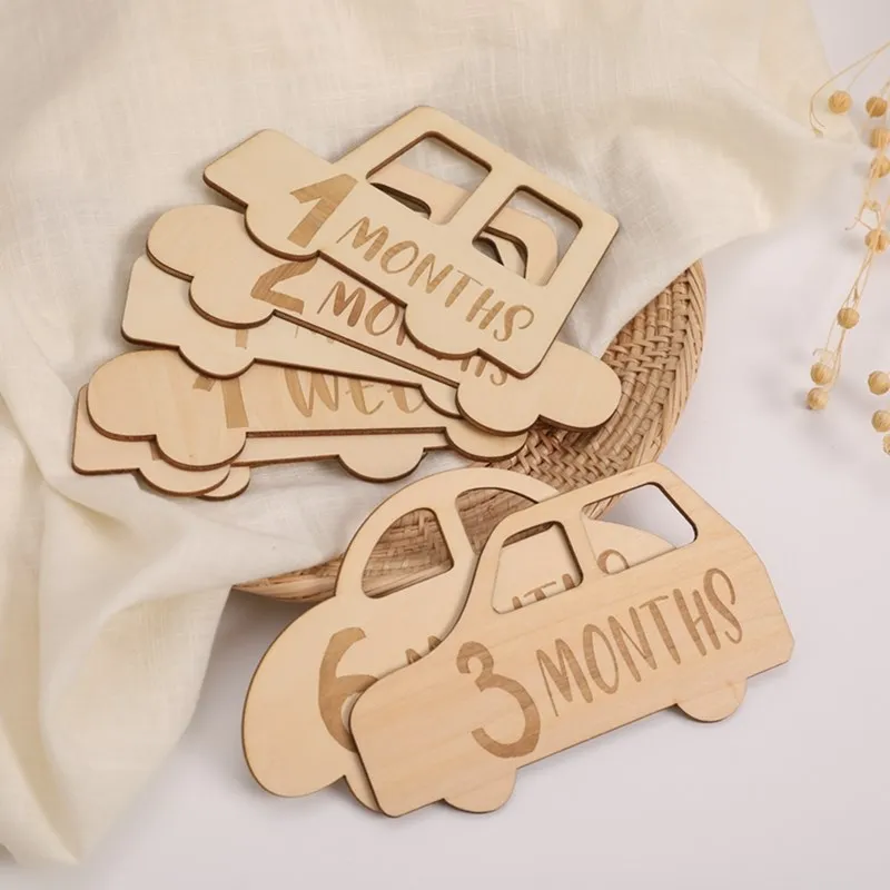 1set Newborn Milestone Blocks Wooden Commemorative Car Board Toy Baby Birth Monthly Recording Cards Infant Photography Props newborn baby souvenirs	