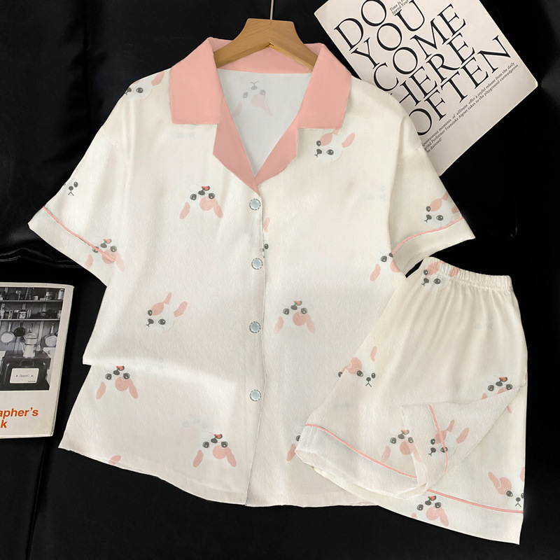 French Ice Silk Pajamas Women's Summer New Short-Sleeved Loungewear Set Girls Senior Sense of Leisure Pajamas Loungewear Set