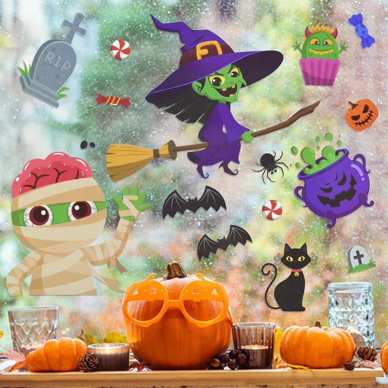 9Pcs Halloween Wall Stickers Cartoon Witch Pumpkin Mummy Waterproof Window Stickers For Halloween Party Home Bar Wall Decal