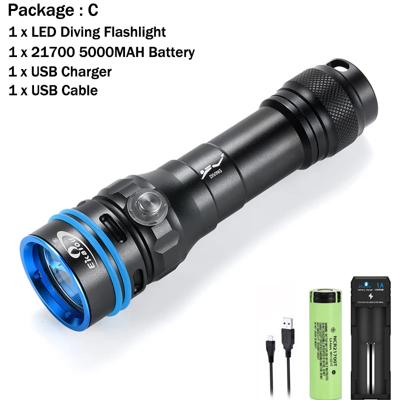 ตัวเลือกสินค้า ไฟฉายดำน้ำ LED สว่าง Super Bright 150m IP68