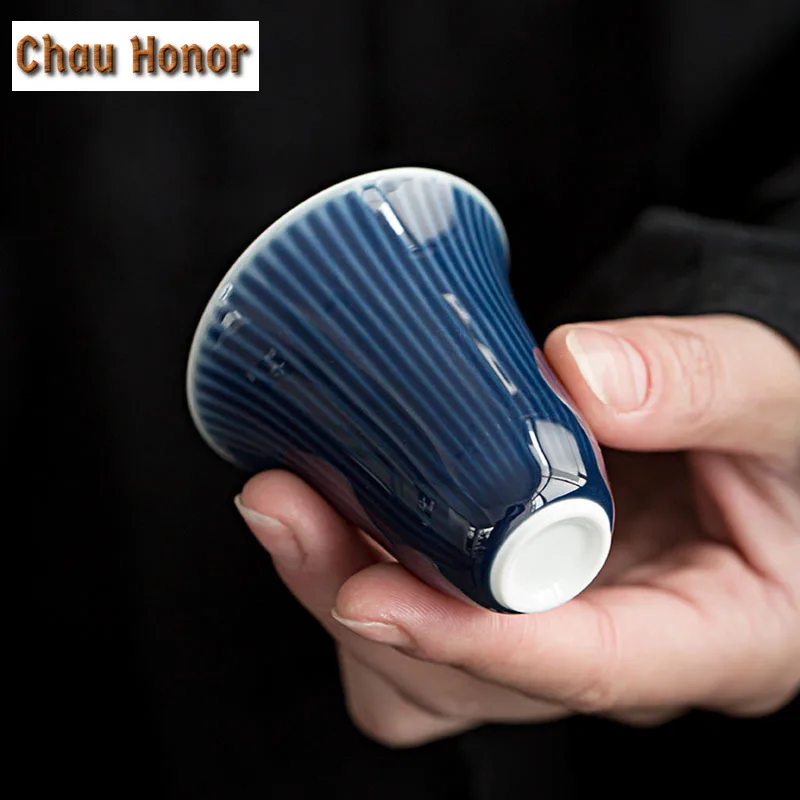 2pc/Set 35ml Striped Ji Blue Ceramic TeaCup Cup Kung Fu Tea Maker Single Master Cup Smell Cup Kung Fu Tea Set Drinking Teaware