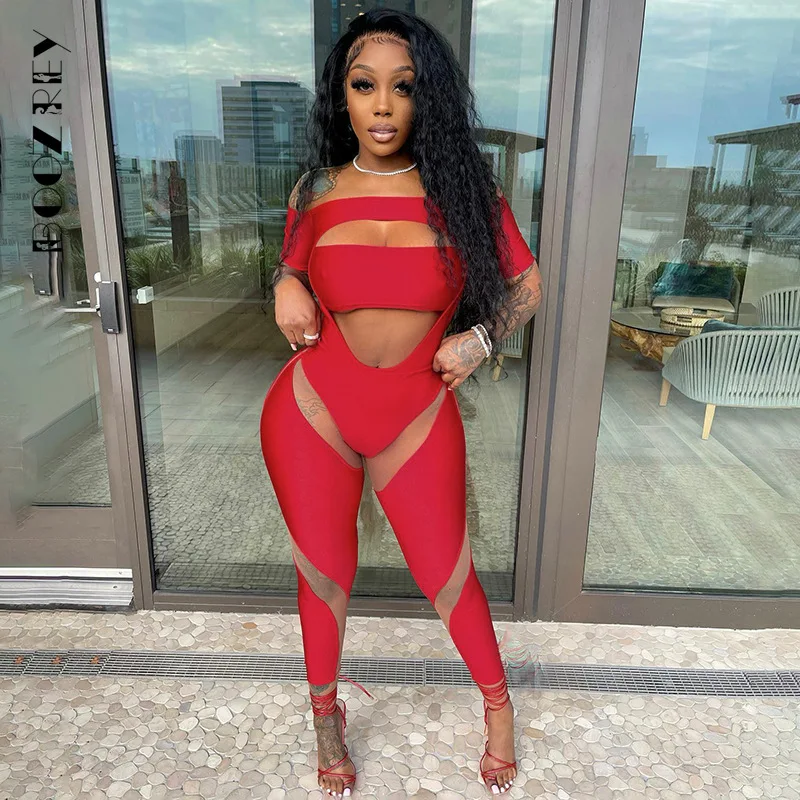 BoozRey Red Sexy One-shoulder Short-sleeved Hollow Tight Trousers Jumpsuit 2022 Summer Mesh Bodysuit Jumpsuit for Women mesh tank tops trousers sexy suit for men american perspective elastic racerback vest straight pants lgbt tight two piece set