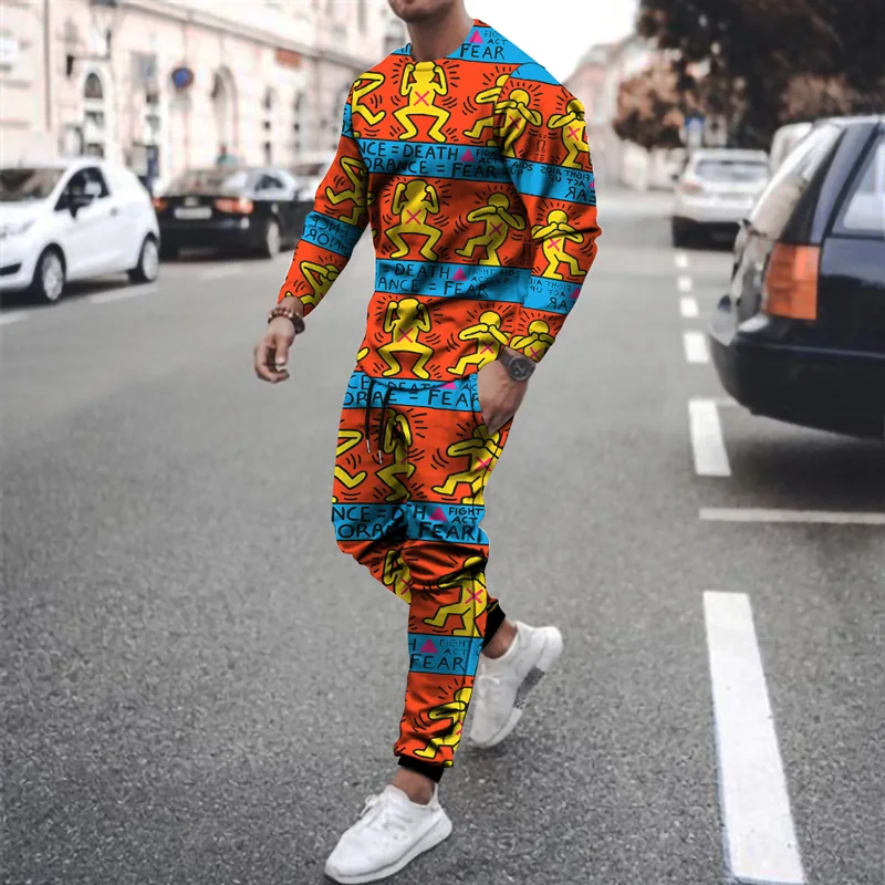 2022 Summer Trend Men's Clothing Printing 3D Casual Long Sleeve Men's Shirt Set Round Collar Men's Street Sports Pants Plus Size