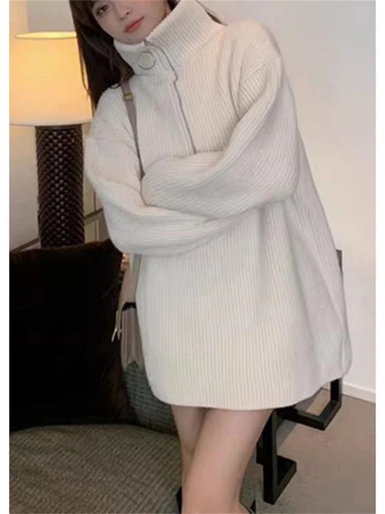 

Turtleneck Sweater Women 2023 Autumn Winter New Fashion Loose Half Zipper Korean Lapel Knitted Sweater