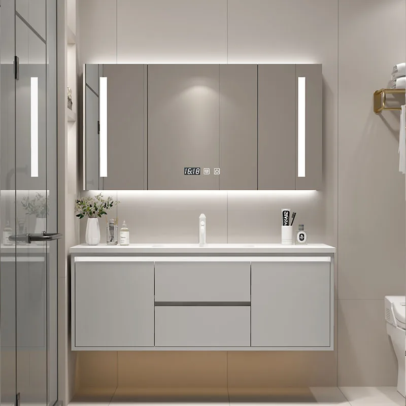 Bathroom ceramic integrated basin simple bathroom cabinet combination hand washbasin light luxury smart washstand mirror cabinet