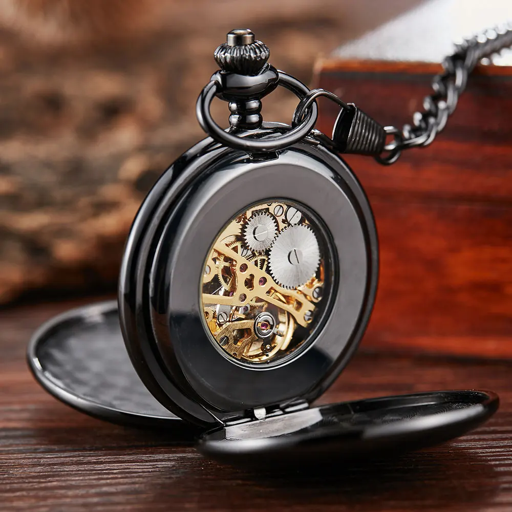 2 Sides Open Smooth Mechanical Pocket Watch Men Women FOB Chain Hand Wind Double Flip Case Full Black Case Roman Numerals Reloj