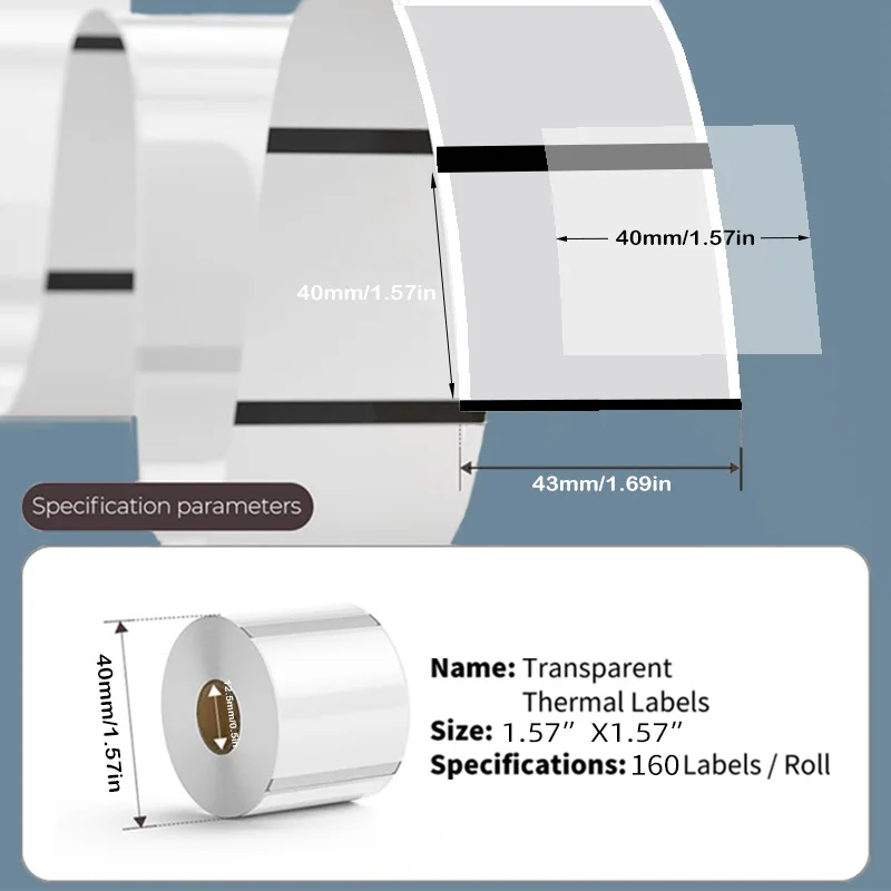 Transparente Etiketten Papier Thermoklebe Etikettenrolle Anzug für Phomemo M110/M200/M120/M220 E210 P50 DETONG P1 SINMARK SK20 – Detail 3