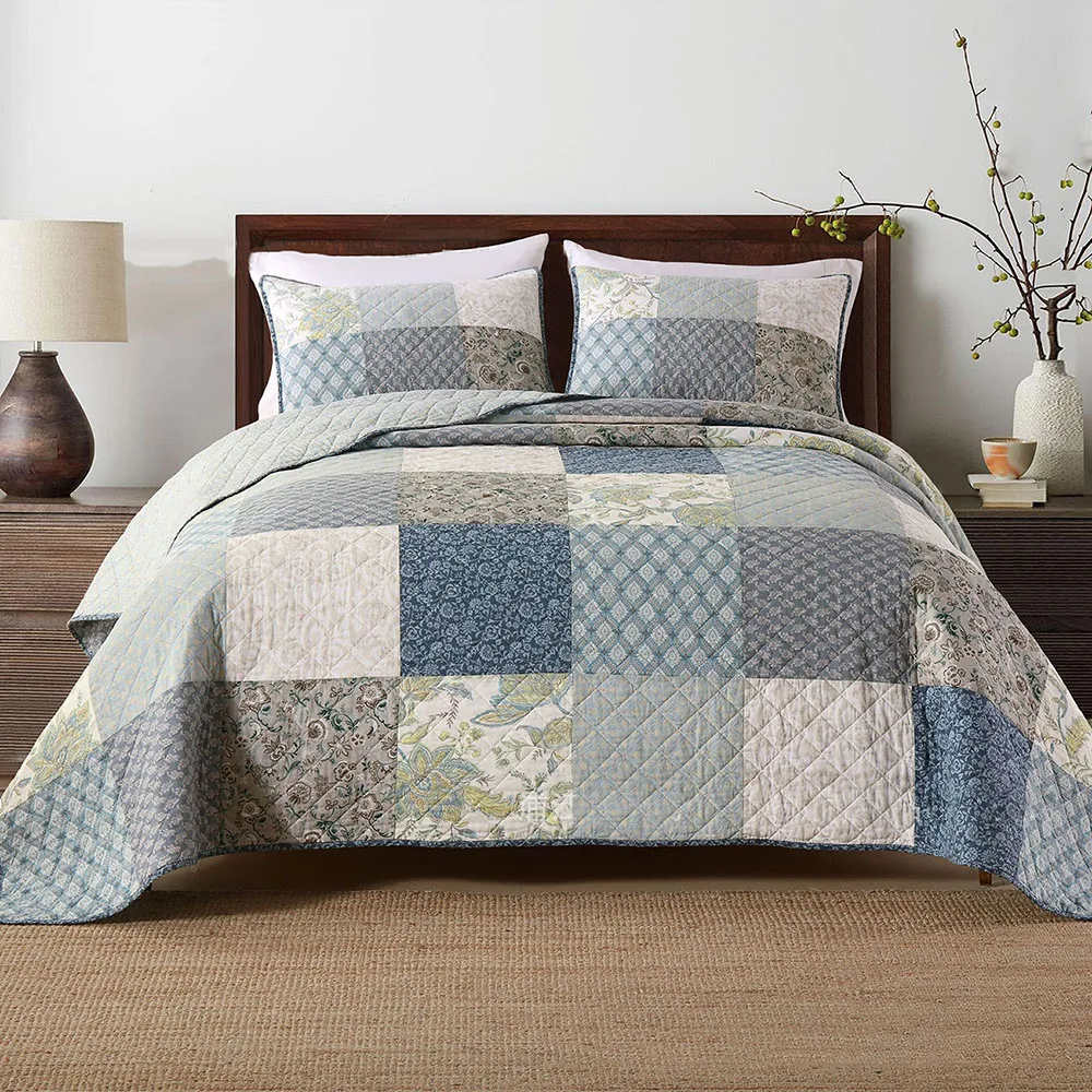 Oversize Country Patchwork Quilt 3PCS Bedspread Set - Lightweight 100% Cotton Summer Bed Cover King Queen Size Home Decor